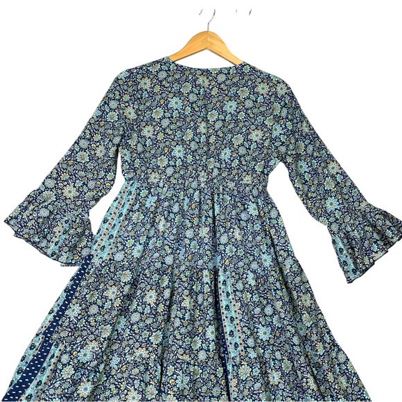 Anthropologie Boemo Maxi Dress L women Blue L Ruffle Tiered lace up boho Floral - Picture 11 of 14